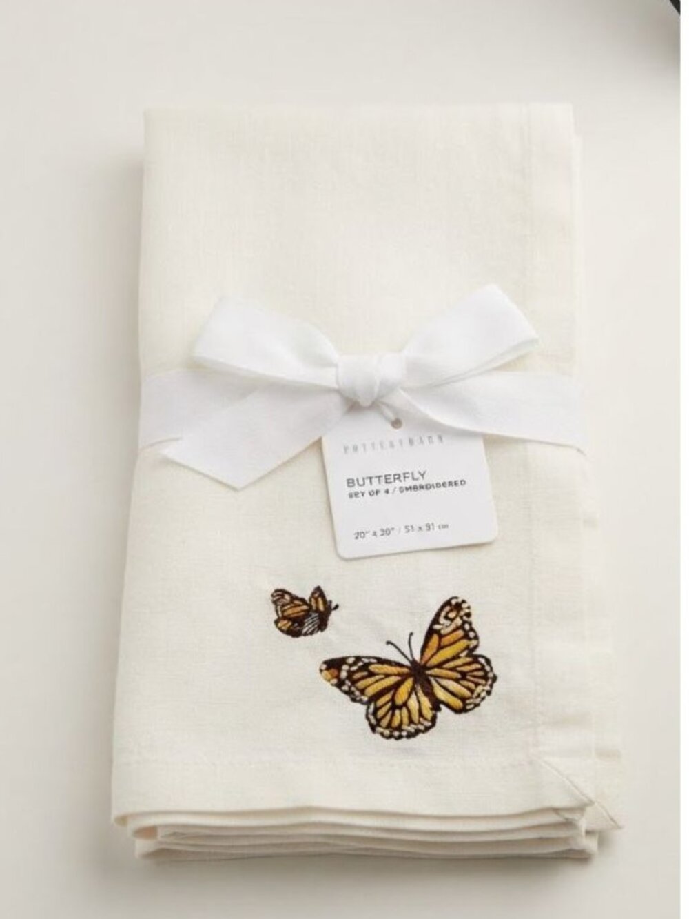 NWT SET 4 Pottery Barn SPRING Embroidered Butterfly Cotton/linen Napkins